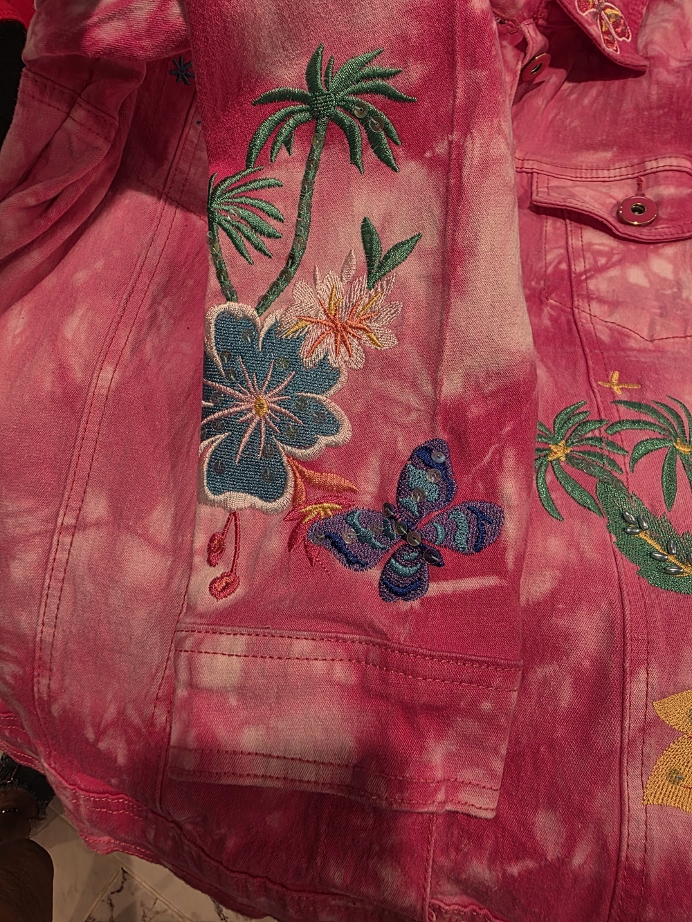 Vintage DG2 By Diane Gillman Tie Dye Floral Stitched Jean Jacket Lg - Picture 12 of 12